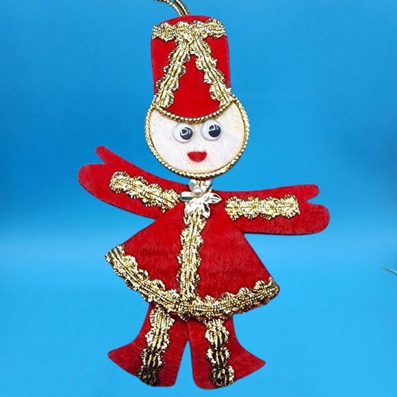 Vintage Red Felt Toy Soldier Ornaments w/ Googly Eyes & Gold Trim 1960s v1 - Picture 3 of 10